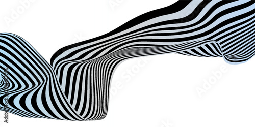 Photos Abstract 3D flowing ribbon wave made of alternating parallel curved lines, thick black and soft light blue stripes