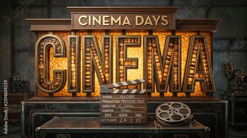 Cinema Days Vintage: A vintage sign with glowing lights announces Cinema Days, complemented by a film clapper and reel, evoking the golden age of cinema and the magic of storytelling.