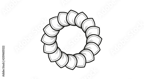 Ornate circular arrangement of layered, petal-like shapes, outlined in bold black