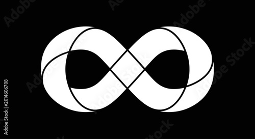 Foto Abstract white infinity symbol with flowing curved segments on a black backgroun