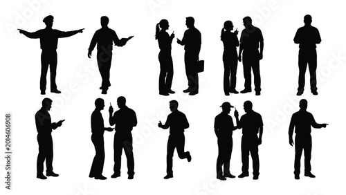 Bild auf Leinwand Collection of business people silhouettes in various poses against a white backg