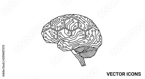 Принти на полотні Abstract black line art of a human brain depicted as a digital circuit board