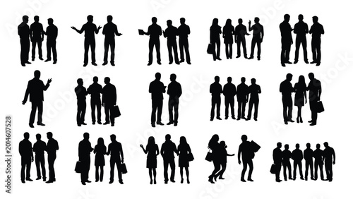 Bilde på lerret Collection of diverse people silhouettes in various poses isolated on a white ba