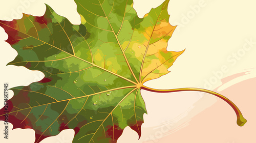 Bild auf Leinwand A vibrant, detailed illustration of a single maple leaf transitioning from green to autumn colors, with visible water droplets on its surface, set against a soft, warm background