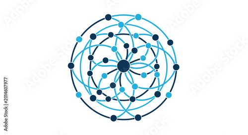 Abstract circular network of interconnected dots and lines in blue hues