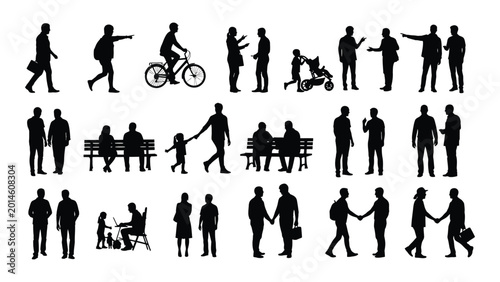 Foto Collection of people and leisure activity silhouettes against a white background