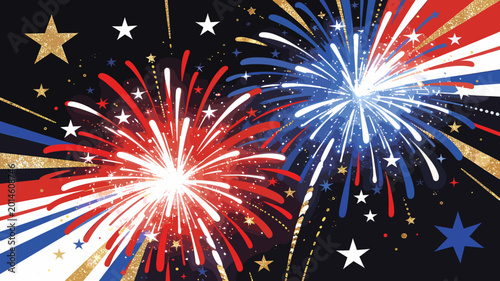 Foto Vibrant red and blue fireworks explode against a dark night sky, adorned with golden stars and streaks, celebrating a festive occasion