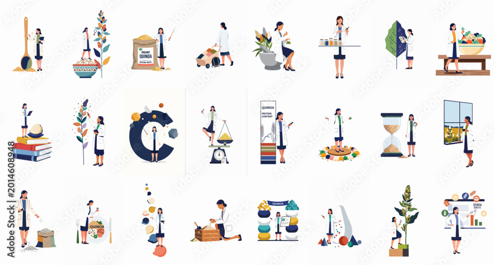 Fototapeta premium Diverse illustrations of female scientists and nutritionists researching quinoa, analyzing its benefits, growth, and nutritional value for health and agriculture.