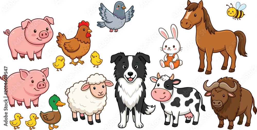 Fototapeta premium Cute cartoon farm animals collection featuring cow pig sheep horse dog chicken duck rabbit and pigeon vector illustrations.
