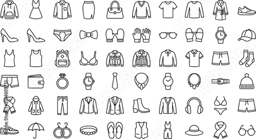 Photos Minimalist black line art vector icon set of clothing fashion accessories apparel shoes and laundry web design elements