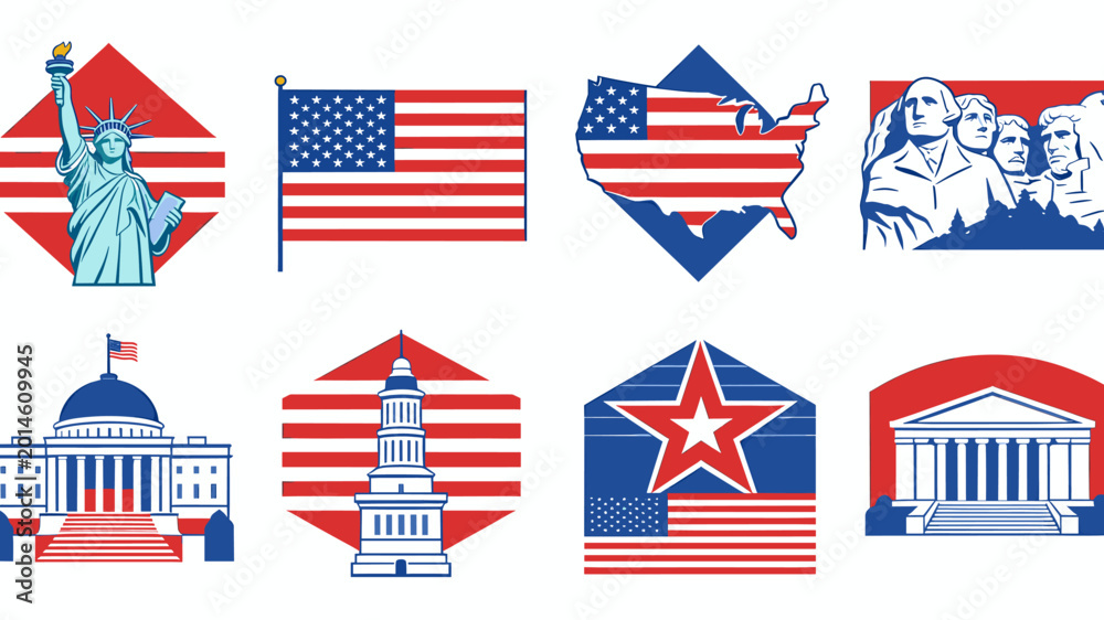 Obraz premium A collection of eight patriotic American symbols and landmarks depicted in a modern graphic illustration style using red, white, and blue colors.