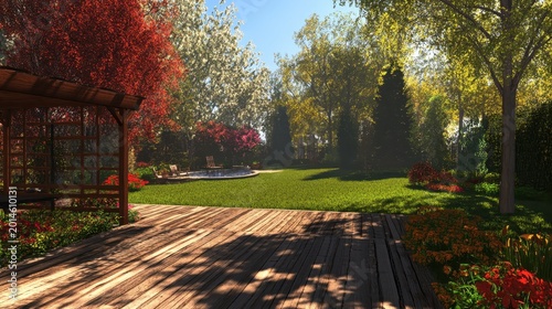 A vibrant backyard landscape with lush green lawn, wooden deck, and colorful trees bathed in soft sunlight