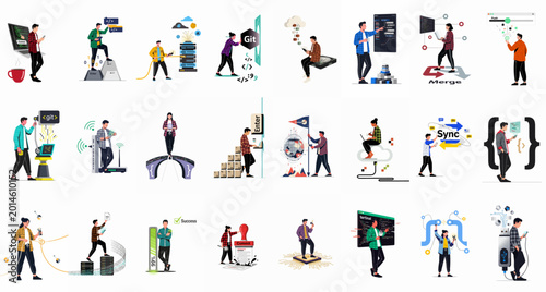 Fotografía A set of 21 flat illustrations depicting various software development, DevOps, Git version control, cloud computing, and data management concepts for technology themes