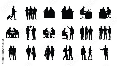 Foto Collection of black human silhouettes depicting people in various business and t