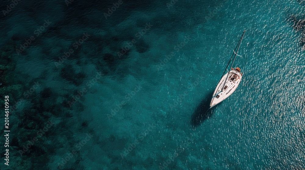 Naklejka premium Aerial View of a Yacht Sailing on Crystal Clear Turquoise Waters Surrounded by Rocky Seabed and Lush Natural Beauty in a Tropical Paradise