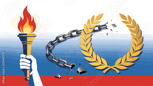 Schilderij op canvas Symbolic illustration of a hand holding a flaming torch, a broken chain, and a shattered laurel wreath against a red, white, and blue background, representing freedom and lost glory