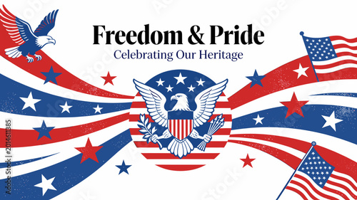 Foto A patriotic graphic celebrating American freedom and heritage with eagles, flags, stars, and red, white, and blue stripes