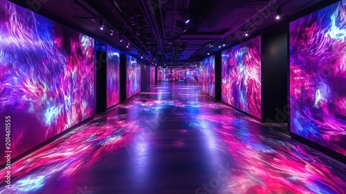 An immersive modern creative hallway gallery with vibrant abstract light installations and glowing floor projections, offering a futuristic visual experience.