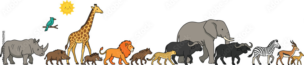 Fototapeta premium African safari animal vector set featuring illustrations of lion elephant giraffe zebra rhino and other savanna wildlife.