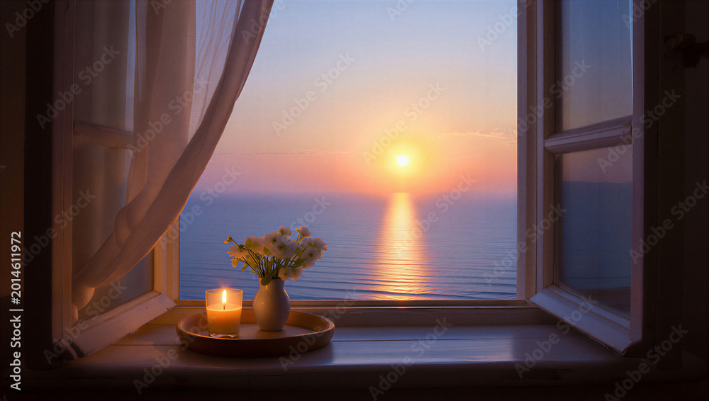 Fototapeta premium Atardecer místico frente al mar con vela y flores blancas en una ventana abierta. Reflejo dorado, paz absoluta y calidez para el alma.