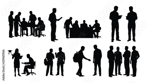 Fotografie Collection of business people silhouettes in various poses and meeting settings