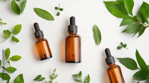 Amber glass dropper bottles with natural green leaves, representing eco-friendly organic skincare and beauty products.