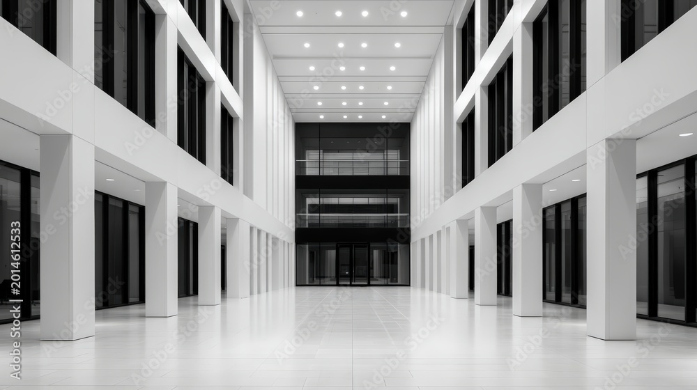 Fototapeta premium A spacious, modern, monochrome interior with high ceilings, large windows, and symmetrical architectural elements creating a sleek, minimalist corporate or public space.