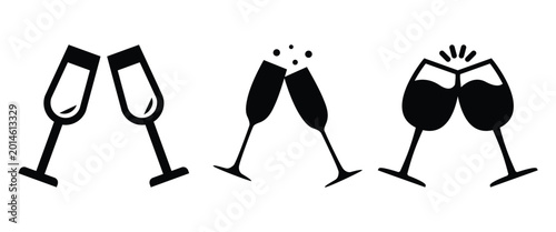 Champagne Toast Icon Set – Clinking Glasses, Celebration & Wedding Vector Collection