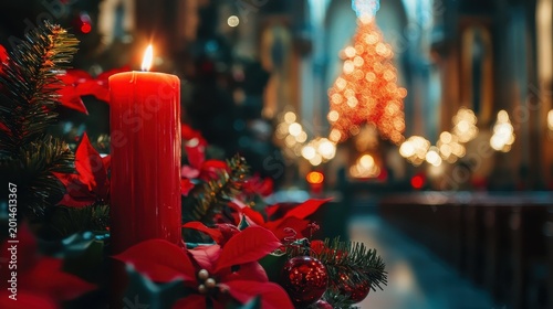 Festive Christmas Candlelight Illuminates Church Decorations and Tree, Evoking Sacred Holiday Atmosphere
