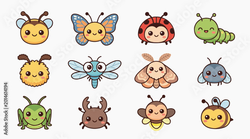 Kawaii insects and bugs on white background