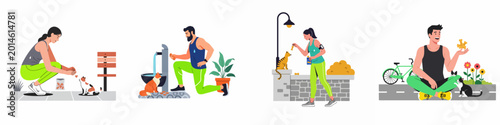 Schilderij op canvas Set of flat illustrations showing athletic people kindly feeding and caring for stray cats in various outdoor park and street settings