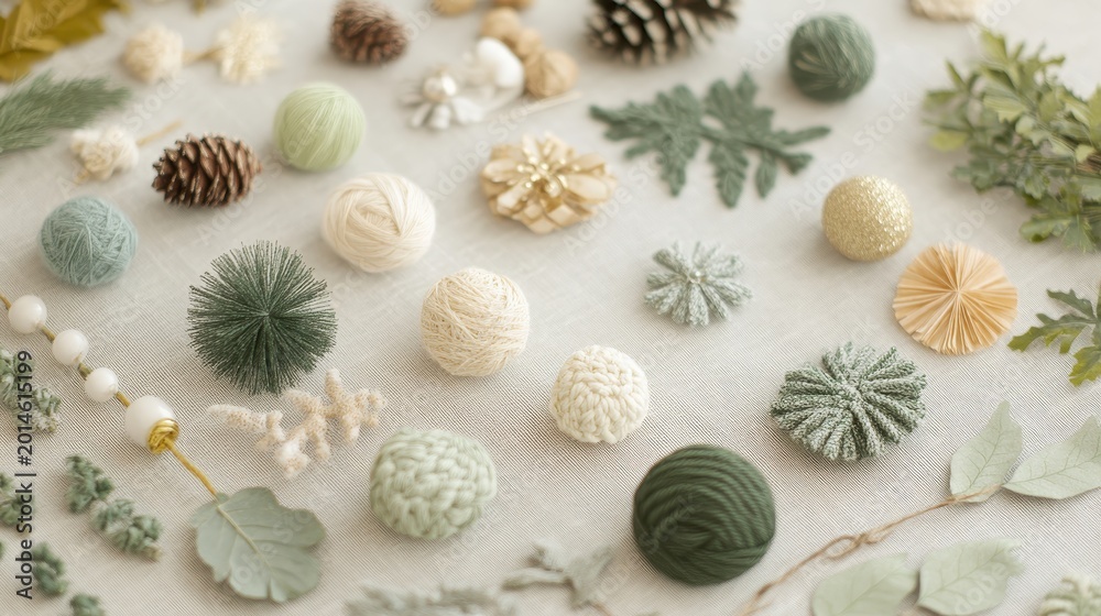Fototapeta premium Festive Christmas Crafts Collection: DIY Decorations with Yarn, Pinecones, and Natural Elements
