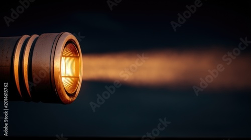 Close-Up of Industrial Spotlight Emitting Warm Light Against a Dark Background with Subtle Smoke Effects and Detailed Lens Structure
