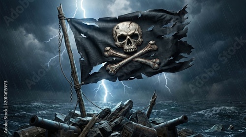 Pirate Flag in a Storm: A tattered pirate flag, emblazoned with a skull and crossbones, flutters defiantly against a backdrop of a fierce thunderstorm over a stormy sea.