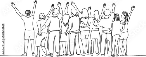 A large group of people standing together with their hands raised up in the air cheering at a concert or a music festival sketch illustration Vector, illustration