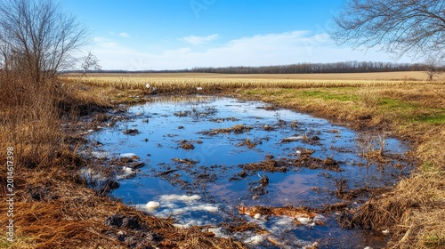 Polluted rural farm field with stagnant water and visible waste under a clear blue sky