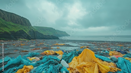 Vast plastic waste accumulation scattered across a coastal landscape under an overcast sky.