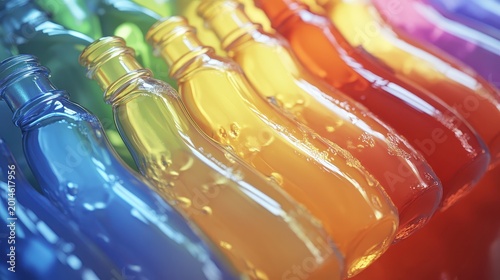 Vibrant assortment of colorful glass bottles filled with refreshing beverages in studio lighting