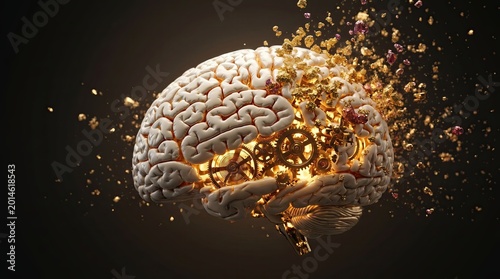 Mind Mechanics: A human brain sculpture, its cerebral cortex disintegrating into golden fragments, reveals intricate clockwork gears within, symbolizing the complex workings of thought and cognition.