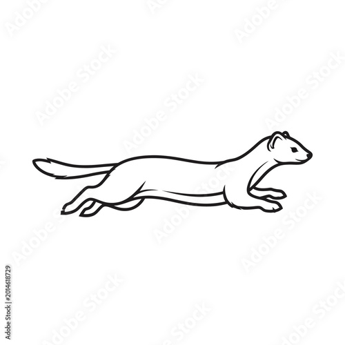 Black and white illustration of a running weasel in a dynamic pose.