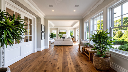 Bright and airy modern home entrance hallway with wide-plank hardwood floors, white French doors, and large windows created with Generative AI Technology, ai, generative