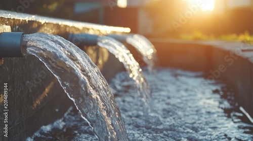 Water flowing from industrial pipes into a treatment facility during bright midday sunlight