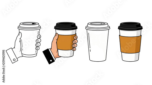 Coffee cup vector set with hand holding paper cup, disposable take away coffee mugs with lids, flat line art beverage container icons