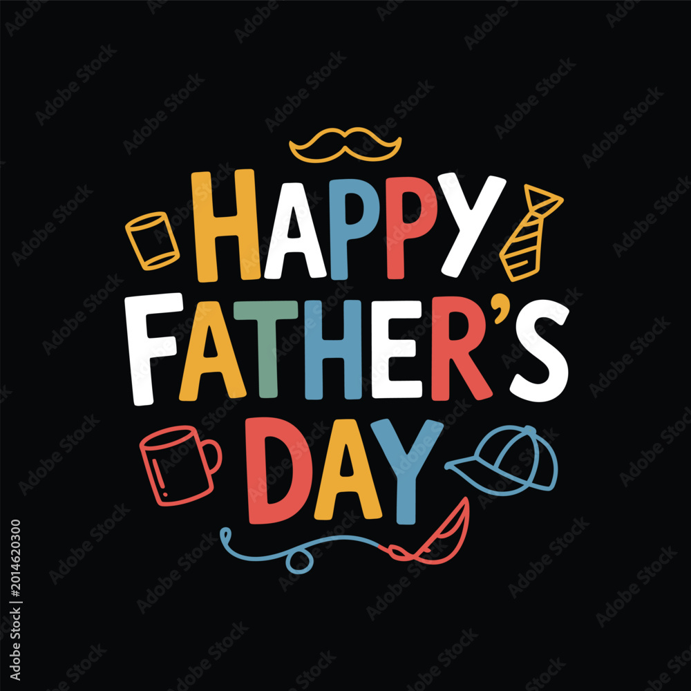 Obraz premium Happy Fathers Day Hand Lettering, Colorful Doodle Icons On Dark Background, Artistic Party Poster Designs For Social Media And Print