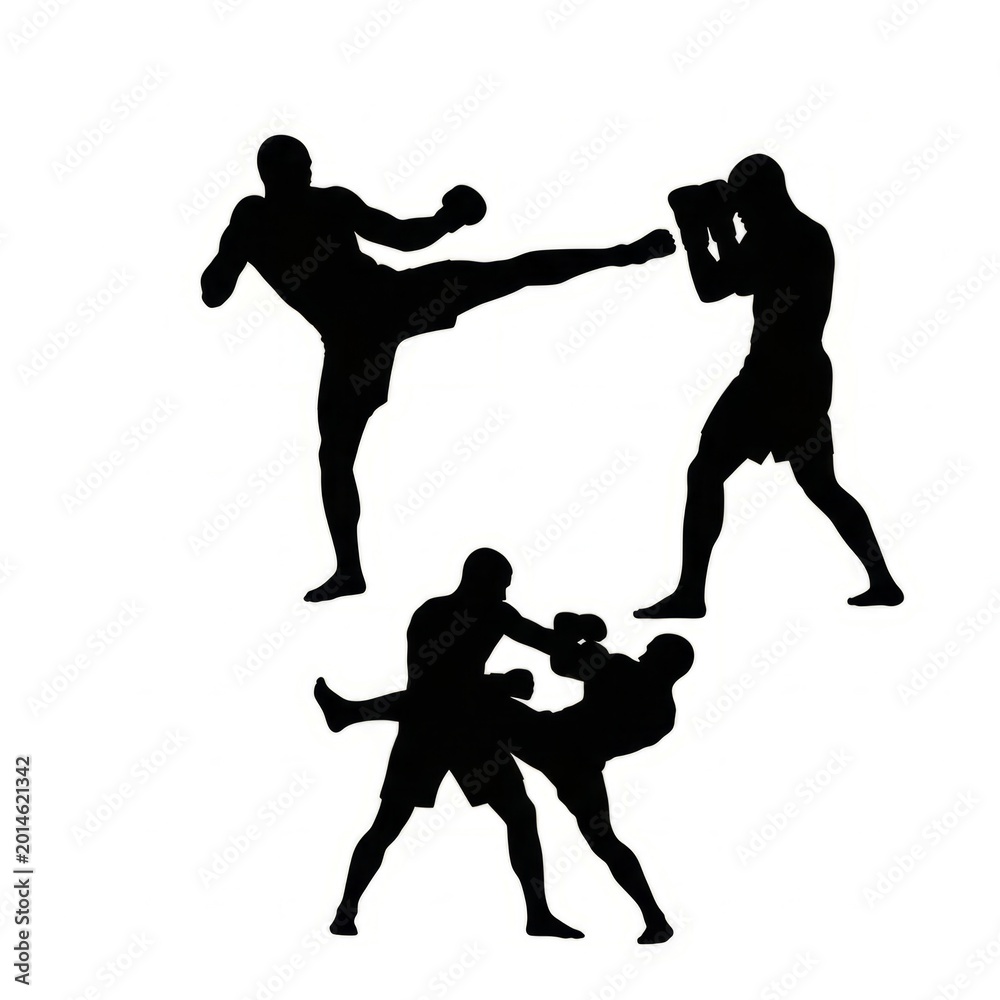Fototapeta premium Collection of MMA fighter silhouettes featuring punches, kicks, grappling, and combat stances in full black vector style. Perfect for sports branding, martial arts gyms, fitness promotions, fight even