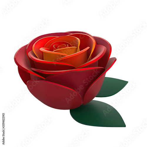 Stylized Red and Orange Rose with Green Leaves