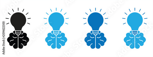 Tableau sur toile Brain and Light Bulb icon set for Creative Ideas, light bulbs in outline, solid, and two-tone blue styles