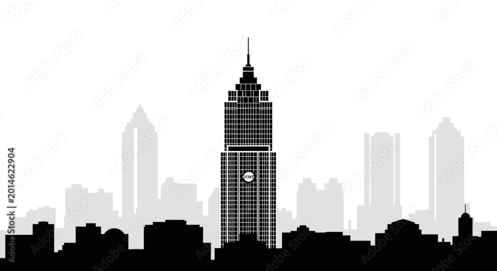 Obraz premium Monochromatic Cityscape Silhouette: Tall Skyscraper Among Buildings