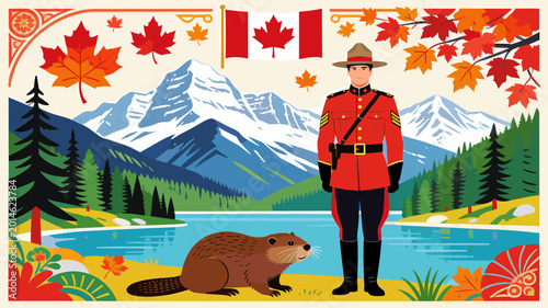Vibrant illustration of a Canadian landscape featuring a Mountie, beaver, lake, mountains, and maple leaves.