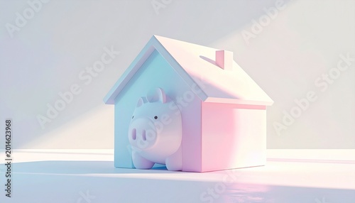 Piggy bank house with a pig peering out, symbolizing savings and homeownership in a soft, pastel-colored illustration
